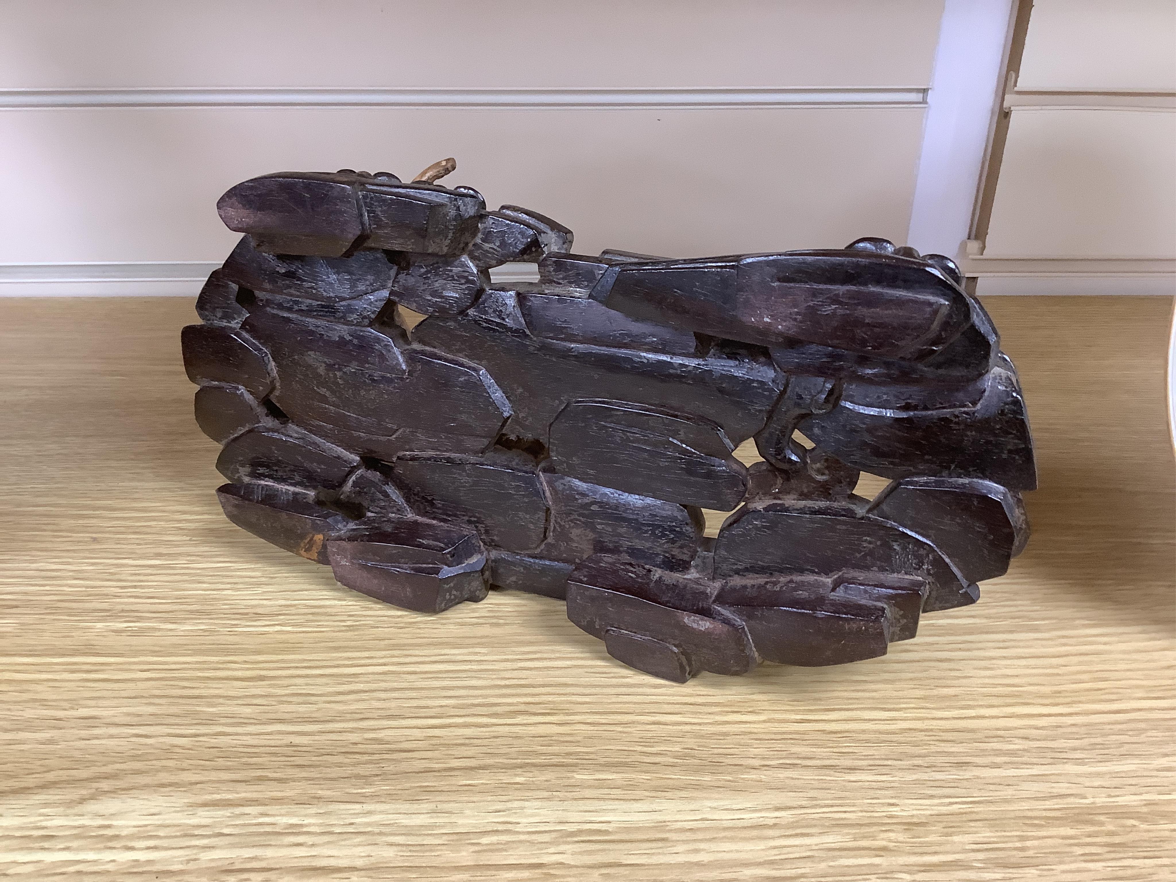 A 19th century Chinese bamboo brushpot and a rootwood and rosewood scholar's stand, root wood stand 30cm wide. Condition - some damage and repairs